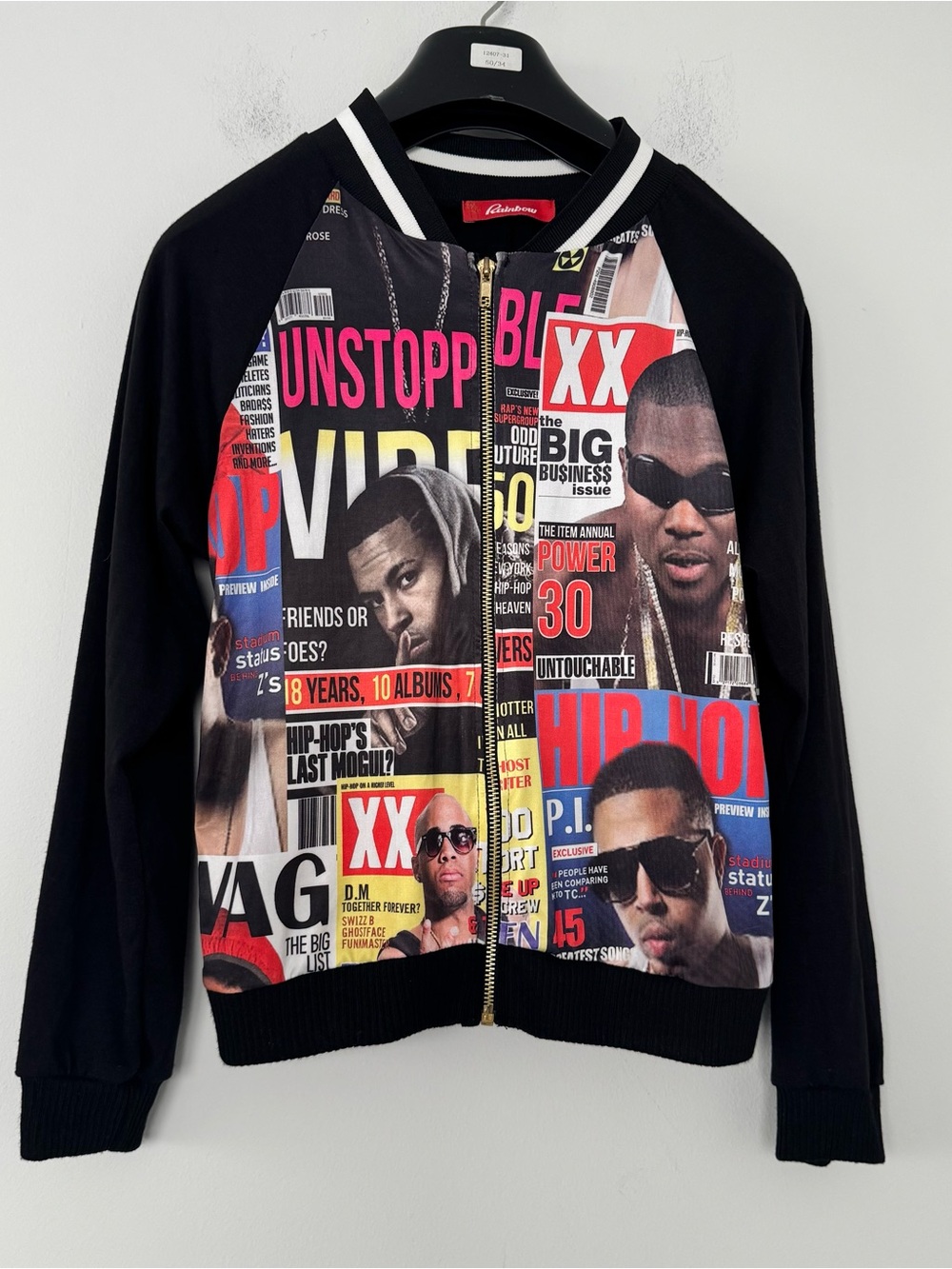 Vtg Rainbow Hip Hop Graphic Magazine Print Bomber Jacket Mens M Black Streetwear